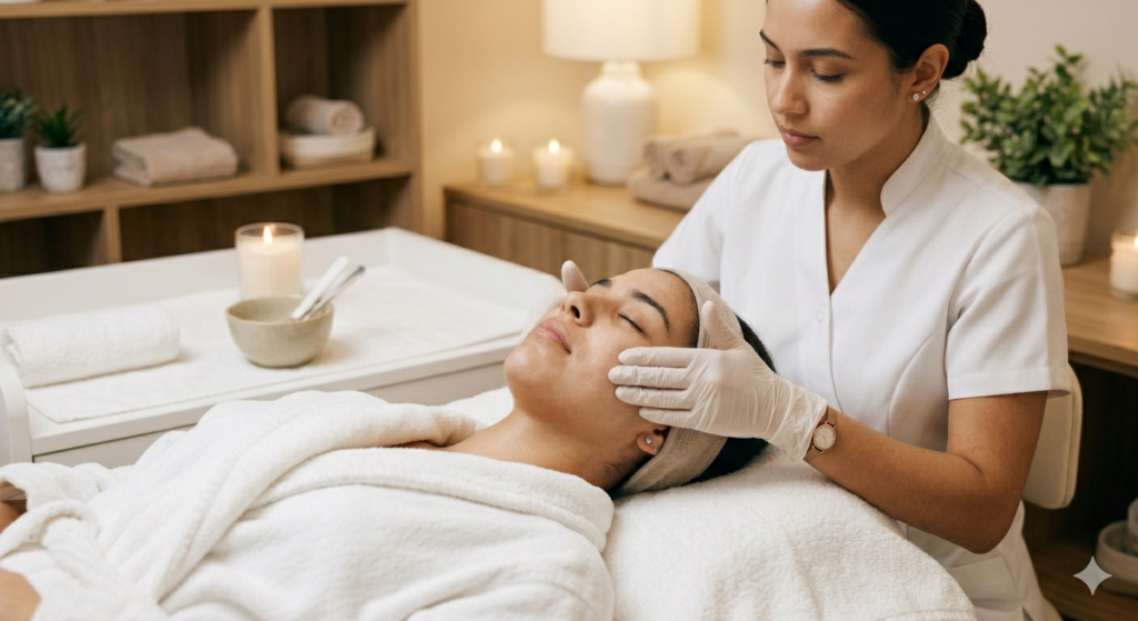 Higiene Facial Especialista realizando limpieza facial de rostro en un salón profesional