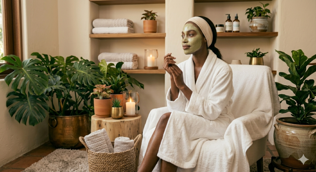 Higiene Facial Mujer aplicando mascarilla para la cara en rutina de limpieza facial en casa