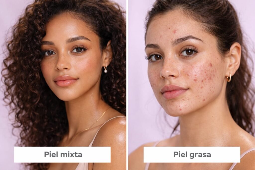 Piel mixta imagen 1 :mujer afrodescendiente del piel mixta , ojos cafes ,labios carnososos y sonrinte imagen 2:mujer blanca con piel grasa ,con granos y espinillas en la cara ,soriendo con el cabello recogido