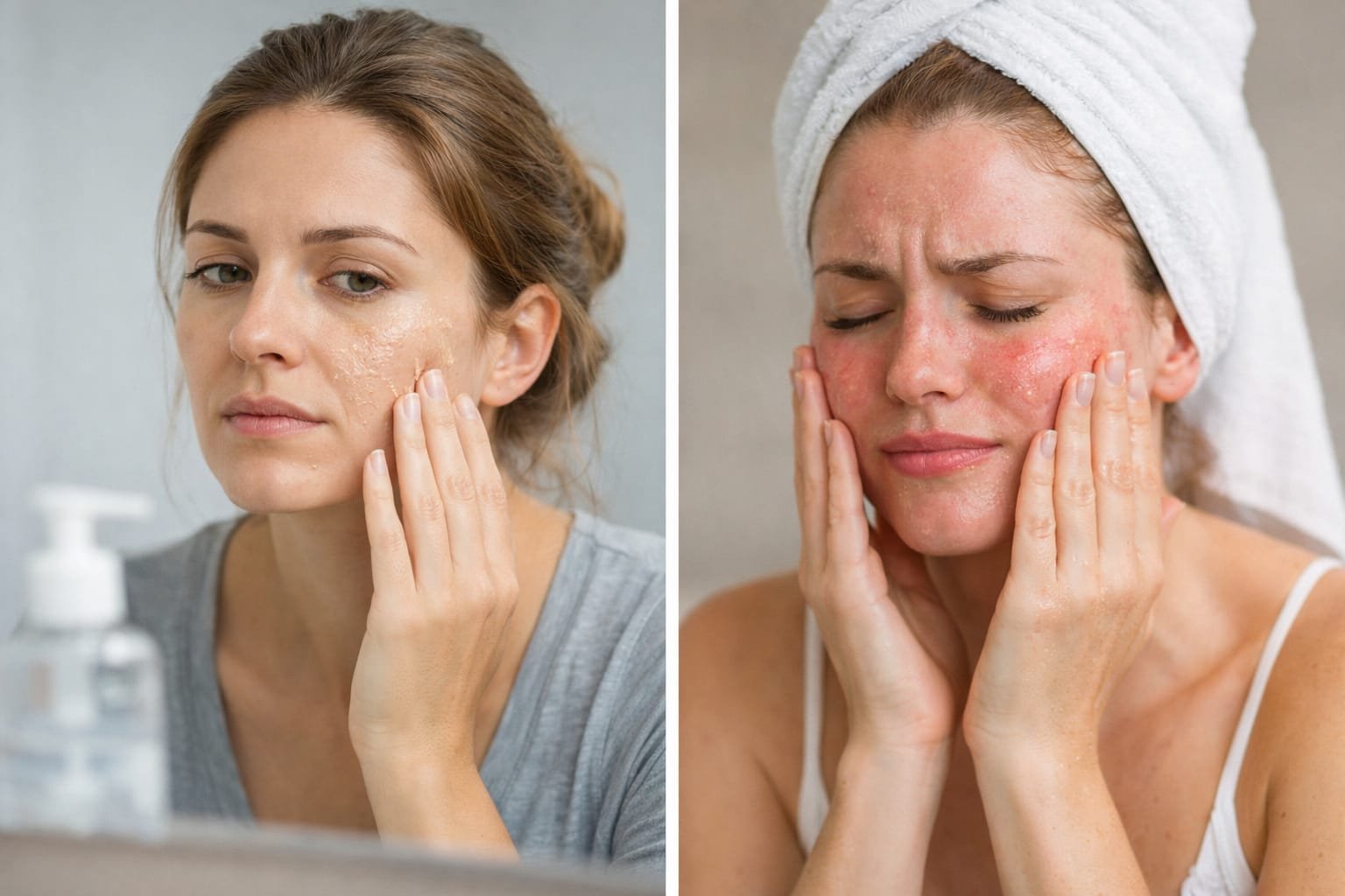 Piel mixta imagen 1:mujer blanca con ojos verdes ,cabello claro y cejas y labios delgados ,que no uso un adecuado tratamiento facial para piel mixta y se le maltrató el rostro como consecuencia
imagen 2:mujer blanca con una toalla enrollada en la cabeza y la piel muy irritada por exceso de exfoliación ,tocandose la cara con las 2 manos.
